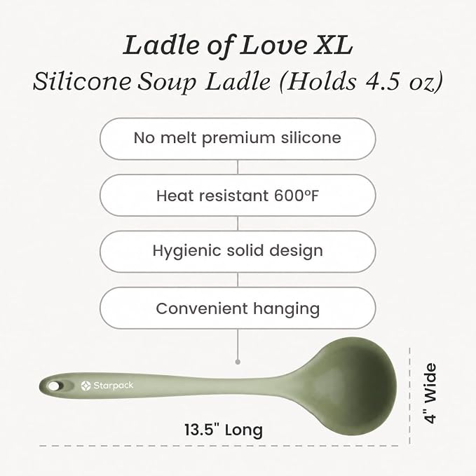 Starpack 'Ladle of Love' XL Premium Silicone Ladle Spoon - Up-to 600°F High Heat Resistant Soup Ladles - Kitchen Ladles for Serving, Non Stick Silicone Spoons, LFGB Grade Cooking Spoon - Sage Green
