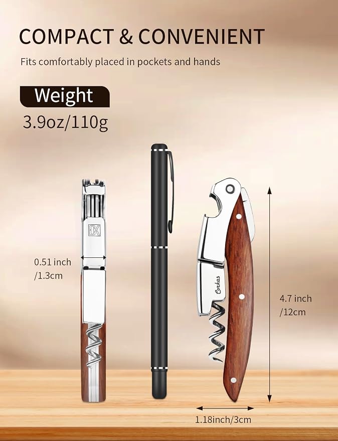 Wine Key - CORKAS Prestige Waiter Corkscrew with Rosewood Handle, Handcrafted Wine Opener Manual with Double Hinged, Foil Cutter and Bottle Opener, Ideal Gifts for Sommelier, Bartenders, Servers