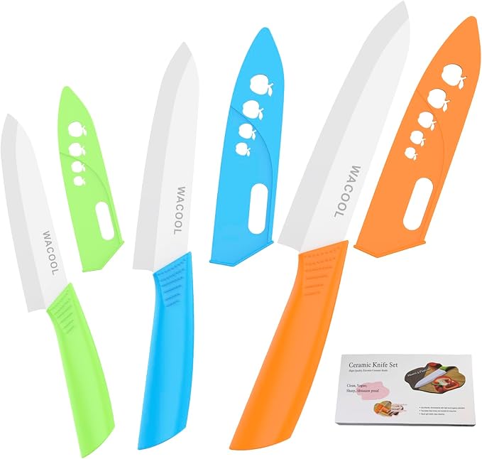 WACOOL Kitchen Ceramic Knife Set with Sheaths, include 3-Piece 6-inch Chef's Knife, 5-inch Utility Knife,4-inch Fruit Paring Knife (Colorful Handle)