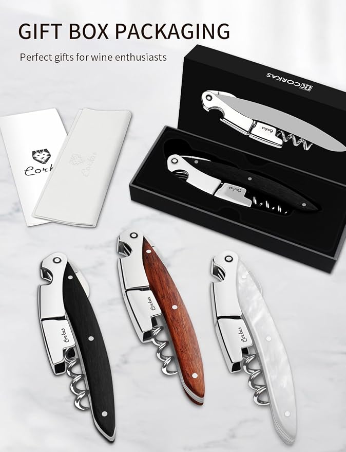 Wine Key - CORKAS Prestige Waiter Corkscrew with Ebony Handle, Handcrafted Wine Opener Manual with Double Hinged, Foil Cutter and Bottle Opener, Ideal Gifts for Sommelier, Bartenders, Servers