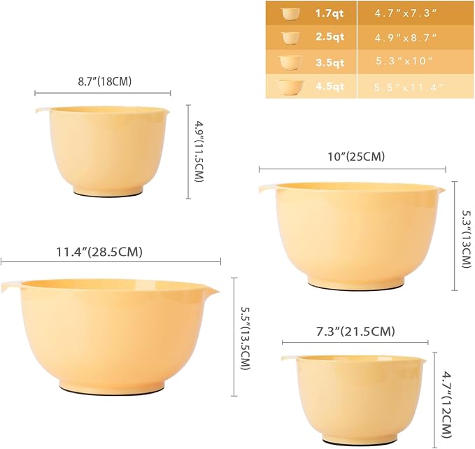 BoxedHome Classic Mixing Bowls Set of 4, BPA Free Plastic, Microwave Safe | 4.5, 3.5, 2.5 and 1.7 QT, Non-slip Base Large Non-toxic Nesting Bowl with Pour Spout, Dishwasher Safe, for Prep, Cooking