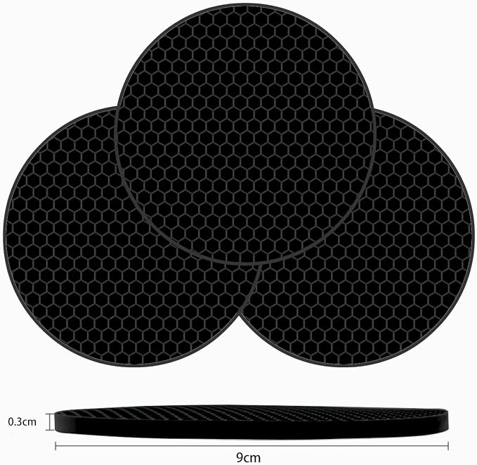 Silicone Non-Slip, Heat Resistant & Water-Trapping Trivet Mats for Water Glasses & Teacup & Coffee Cup & Dishes & Cookware, Multipurpose Kitchen Table Coaster, 3.5-Inch, 3 Pcs, Black