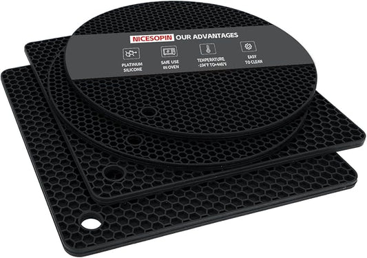 4 Pack Silicone Pot Holders & Hot Pads - Heat Resistant Non-Slip Mats for Kitchen Countertops, Trivets for Hot Dishes, Dishwasher Safe & BPA-Free (Black)