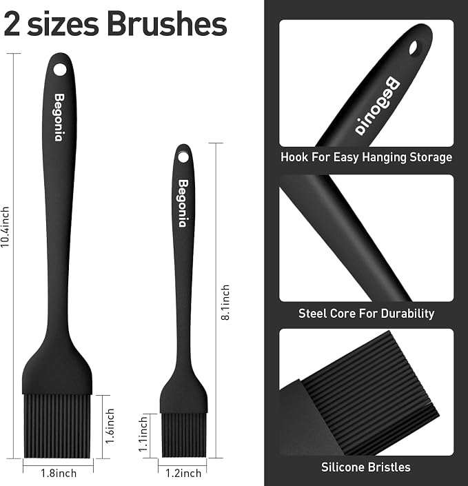 Begonia Silicone BBQ Sauce Brush, Black, 2pcs 10+8 inch Food Brush | Basting Pastry Brush for Heat Resistant, For Oil, Sauce, Butter, BBQ, Grill and Marinade, BPA Free, Dishwasher Safe (Blk)