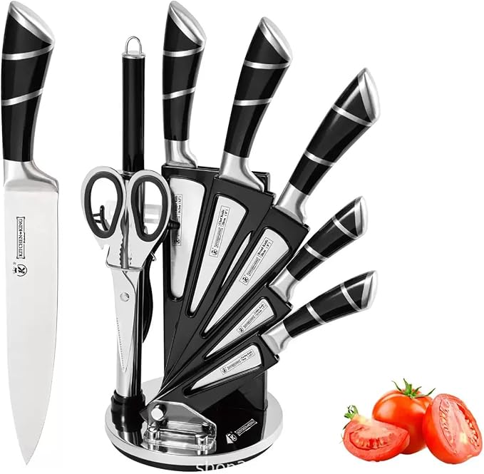 Kitchen Knife Set, 9Pcs Black Knife Set with Rotation Block, Ergonomical Handle,Non Stick Sharp Stainless Steel Chef Knife Block Set for Home Cooking Gift