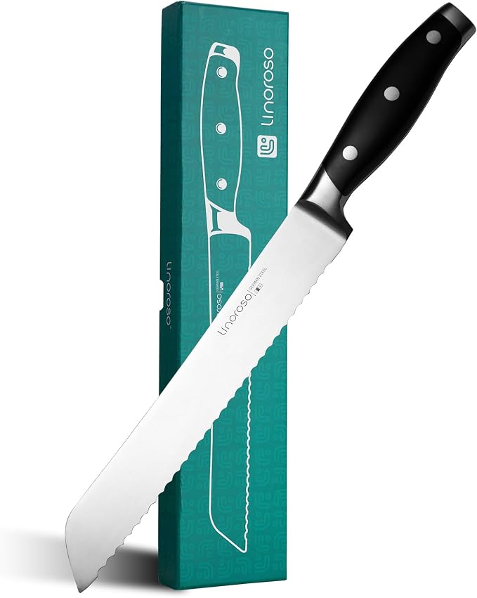 linoroso Serrated Bread Knife for Homemade Bread with Elegant Gift Box, Full Tang Ultra Sharp Forged German Carbon Stainless Steel Bread Knife 8 inch for Slicing Bread, Bagels, Cake - Classic Series