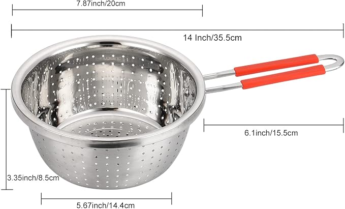 Stainless Steel Perforated Metal Colander Strainer with Long Red Handle Sieve Sifters Use for Kitchen Food Pasta Noodles Spaghetti Vegetables Silver - 7.9inch