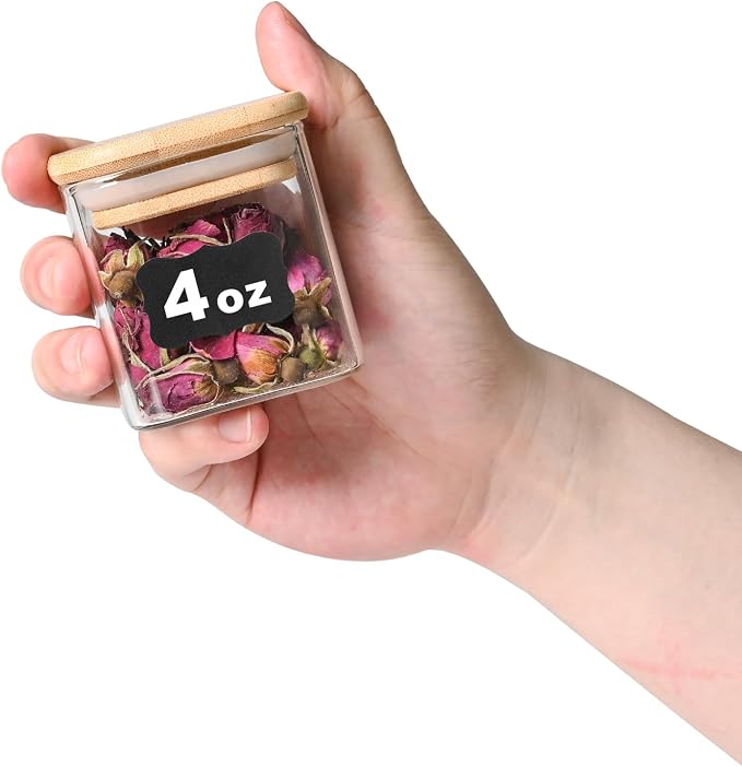 SHOWIN Glass Food Storage Jars Square 4oz, 12 Pack Glass Jars With Bamboo Lids, Kitchen Storage Containers For Spice, Candy, Cookie, Storage For Pantry Organizers