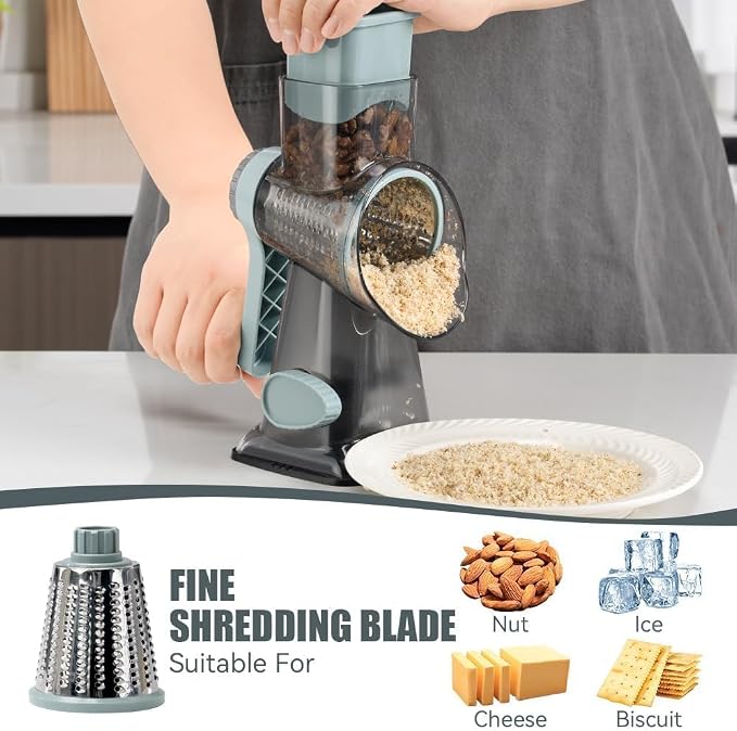 XUANYILA Rotary Cheese Cheese Grater Hand Crank Vegetable Cheese Grater for Kitchen 3 Changeable Blades for Cheese Potato Zucchini Nuts Chocolate - GreyBlue