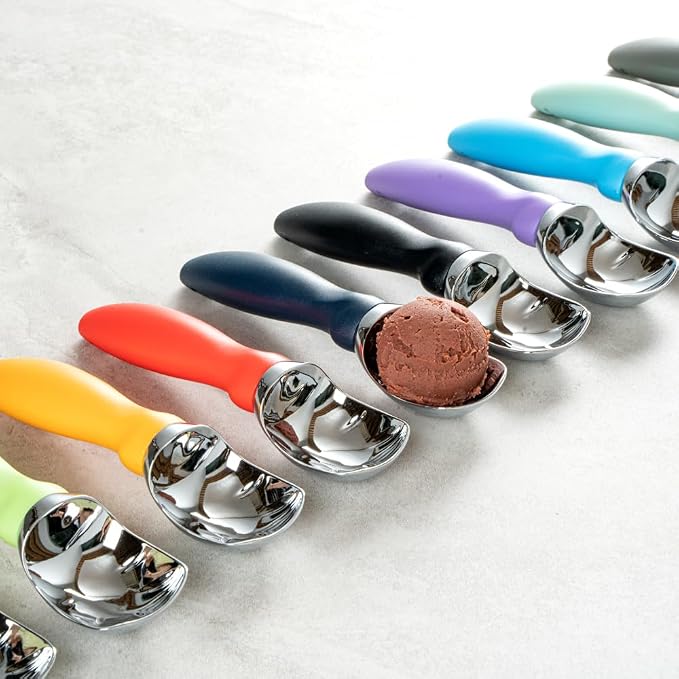 Restaurantware Comfy Grip 7.9 x 2 Inch Kitchen Ice Cream Scoop 1 Heavy-Duty Ice Cream Disher - Ergonomic PP Handle Dishwashable Navy Blue Metal Ice Cream Spade With Lid Opener Notch Multi-Use