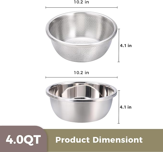 Colander and Bowl Set 4.0QT (2-in-1) - Thickened 304 Stainless Steel Kitchen Strainer Bowl for Fruit, Pasta, Vegetables, Rice - Heavy Duty, Induction Cooker & Dishwasher Safe