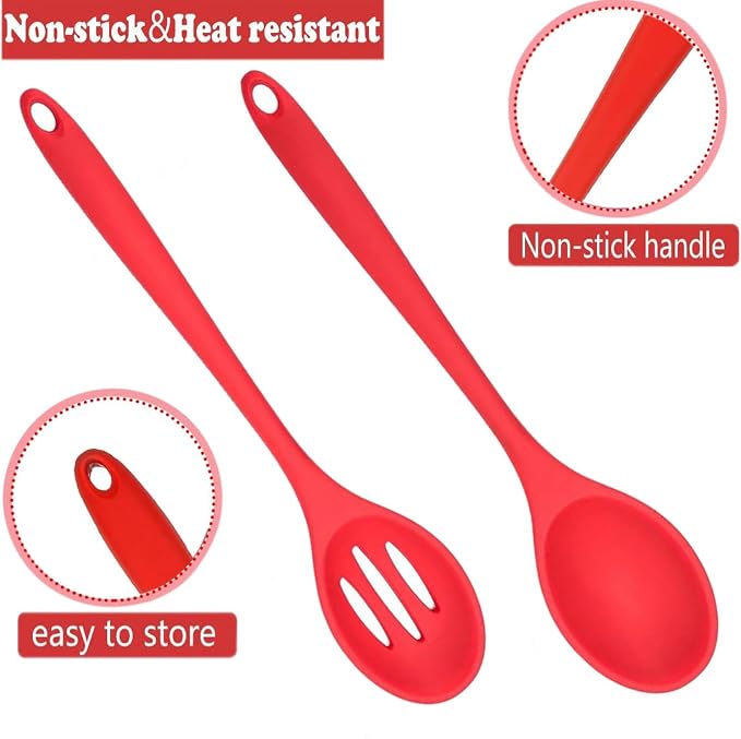 Kitchen Silicone Cooking Spoon,Nonstick Mixing Serving Spoons Set for Cooking,Slotted and Solid Serving Spoon Heat Resistant,Silicone Mixing Basting Stirring Spoons for Bake Stir Cookware 4 PCS