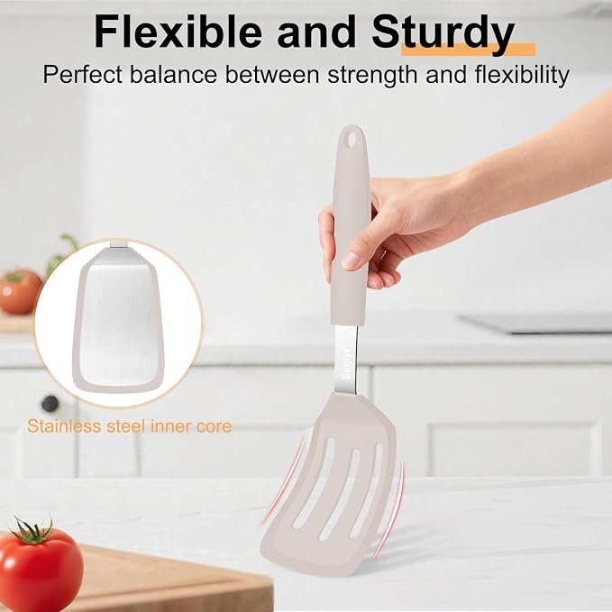 Beijiyi 2 Pack Silicone Spatula Set, Heat Resistant, for Nonstick Cookware | Flipping & Cooking, BPA Free, Flexible, Solid & Slotted Turner, Non-Toxic Kitchen Utensils, Non Scratch, Dishwasher Safe