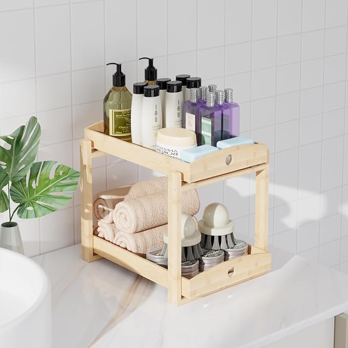 2 Pack Bamboo Under Sink Organizer, 2-Tier Pull-Out Drawers, Kitchen & Bath | Pull-out drawers keep cleaners and tall bottles visible, organized and easy to reach in kitchen or bathroom cabinets