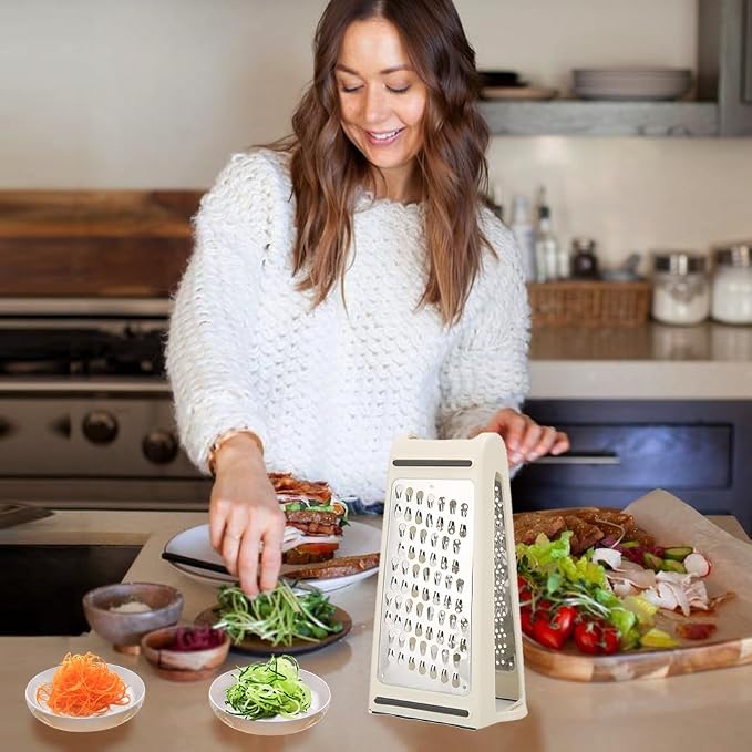 Cheese Grater - Reversible Box Grater with Two Sides Handheld | Double Sided Food Grater with Storage Container, Stainless Steel Blades for Cheese,Vegetables,Ginger,Garlic