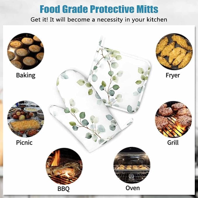 Mxocom Green Leaves Silicone Oven Mitts and Pot Holders Sets Eucalyptus Round Leaf Foliage Branches Twig Natural Plant Repeat BBQ Gloves for Kitchen,Cooking,Baking,Grilling