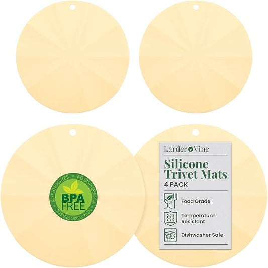 Larder & Vine Silicone Trivets for Hot Pots and Pans | Set of 4 Round Hot Pads for Kitchen | 7” & 9” Trivets for Hot Dishes | Heat-Resistant Silicone Mats for Kitchen Counter | Limoncello