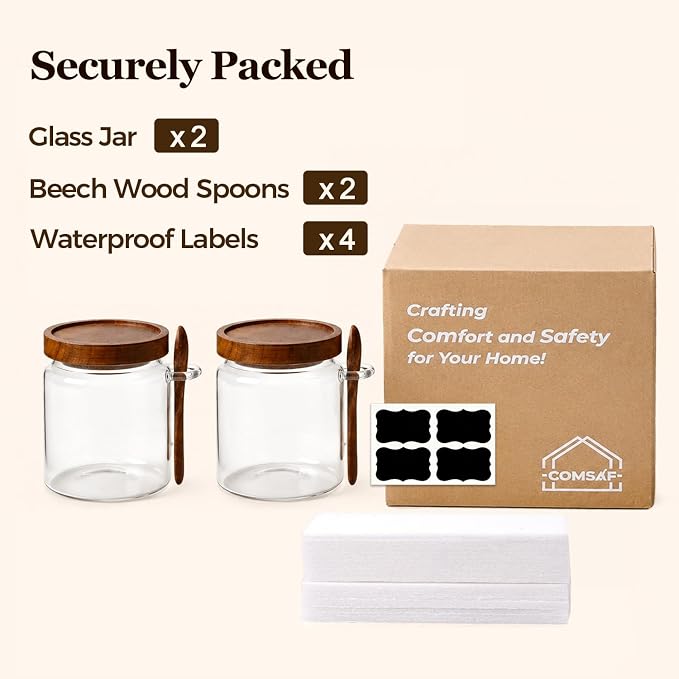 ComSaf Sugar Jars with Acacia wood Lids and Spoons 0.5Qt 2Pack, Decorative | Glass Food Storage Container, Brown Sugar Coffee Tea, Pantry Kitchen Countertop Coffee Bar, Wide Mouth, Canisters with Labels