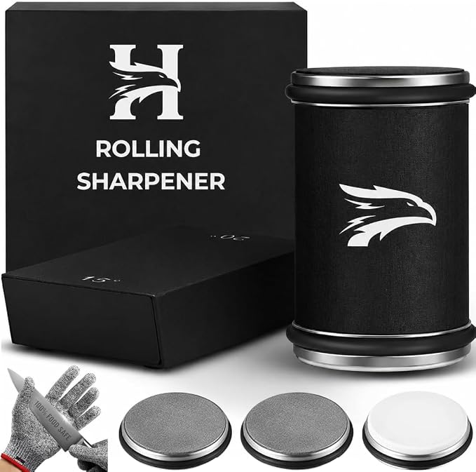 High Carbon Stainless Steel Rolling Knife Sharpener with 400, 1000 & 3000 Replacement Discs - Blunt Knife Sharpening Kit with 15 and 20 Degree Sharpening for Kitchen & Chef's Knives (BLACK)
