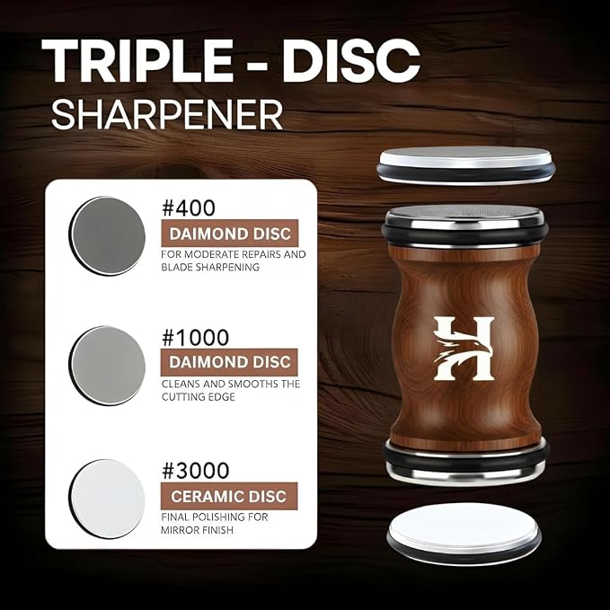 High Carbon Stainless Steel Rolling Knife Sharpener with 400, 1000 & 3000 Replacement Discs - Blunt Knife Sharpening Kit with 15 and 20 Degree Sharpening for Kitchen & Chef's Knives (CHOCOLATE)