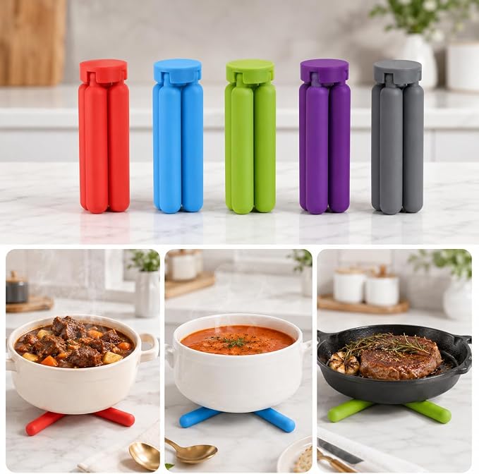 5 Pack Thick Silicone Trivets for Hot Dishes Eco-Friendly Foldable Trivets for Hot Pots and Pans Folding Trivet Save Much Space for Kitchen Home, Multi-Color | Foldable Heat Resistant Trivet Mats for Hot Pots and Pans, Non-Slip Folding Silicone Hot Dis...