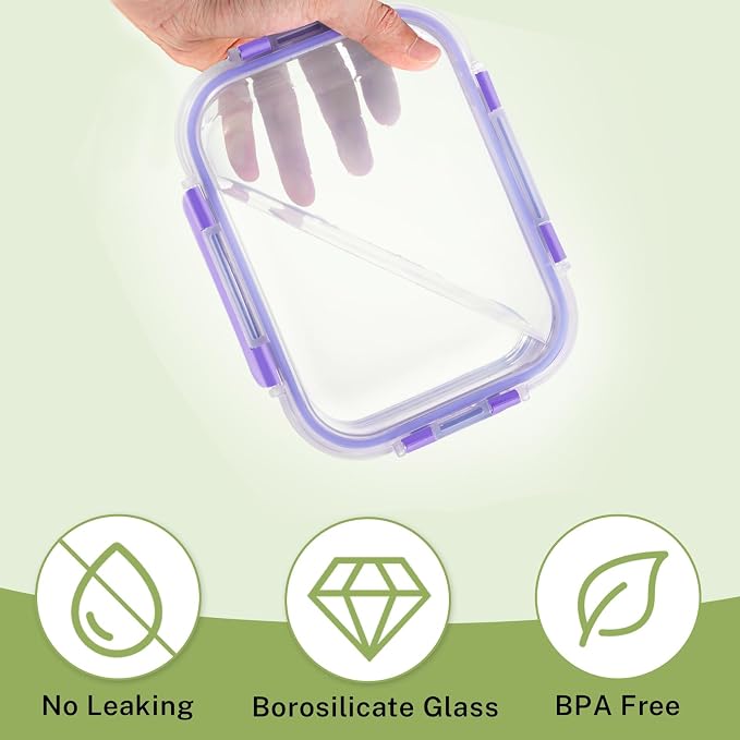 HOMBERKING 8 Pack Glass Food Storage Containers with Lids, Meal Prep Containers, Airtight Bento Boxes with Leak Proof Locking for Microwave, Oven, Freezer and Dishwasher, BPA Free, 5-35oz, purple