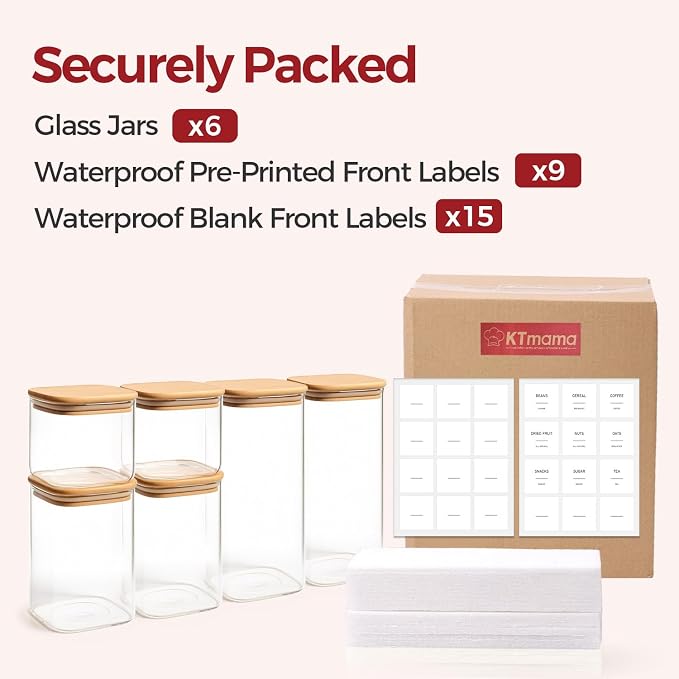 Glass Pantry Storage Containers with Lids 1/1.6 Qt 6 Pack Square | Pantry Organization, Stackable Design, Flour Sugar Coffee Beans Pasta Cereal Dry Food Storage,Kitchen Cabinet Organizer