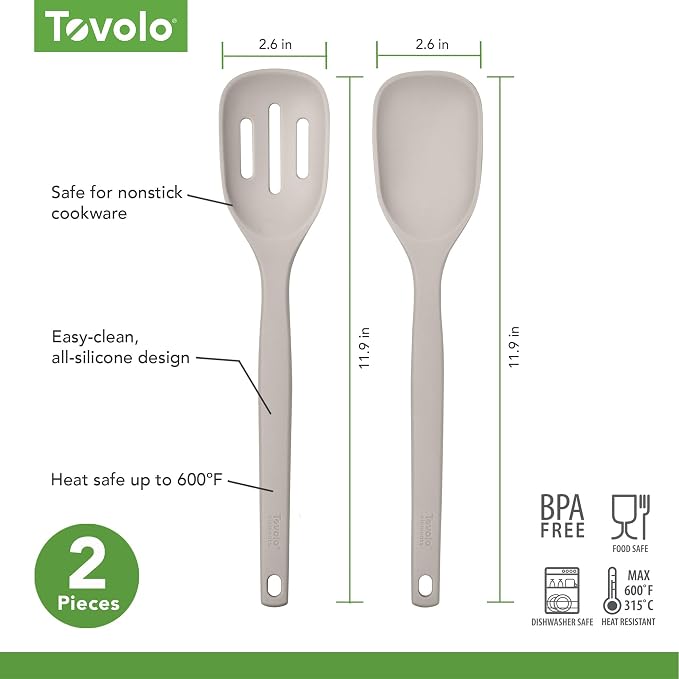 Tovolo Elements Silicone Spoon Set of 2 Mixing and Slotted Spoon Bundle for Non Stick Cooking Mixing Serving, Dishwasher Safe Heat Resistant Slotted Spoon and Mixing Serving Spoon, Warm Gray