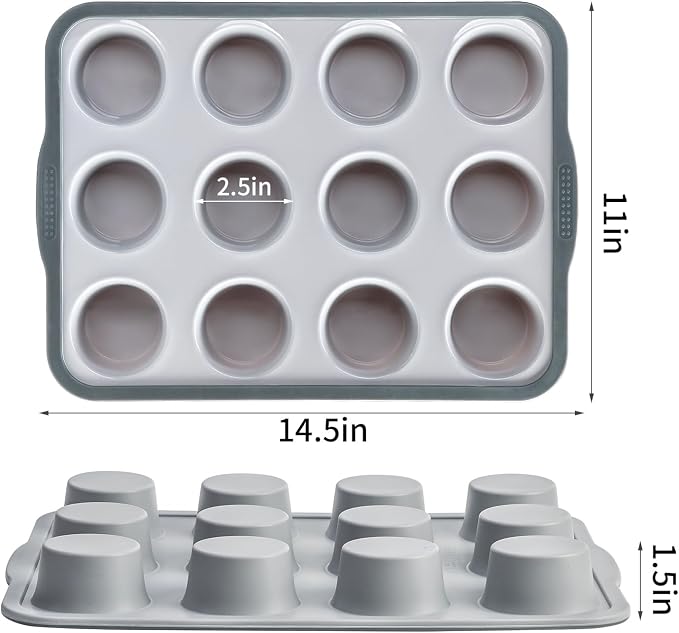 Aichoof 12 Cup Silicone Muffin Pan, Non-Stick Baking Mold w/Steel Frame | Food Grade Silicone, Heat Resistant -40°F to 440°F, Dishwasher Safe, Grey