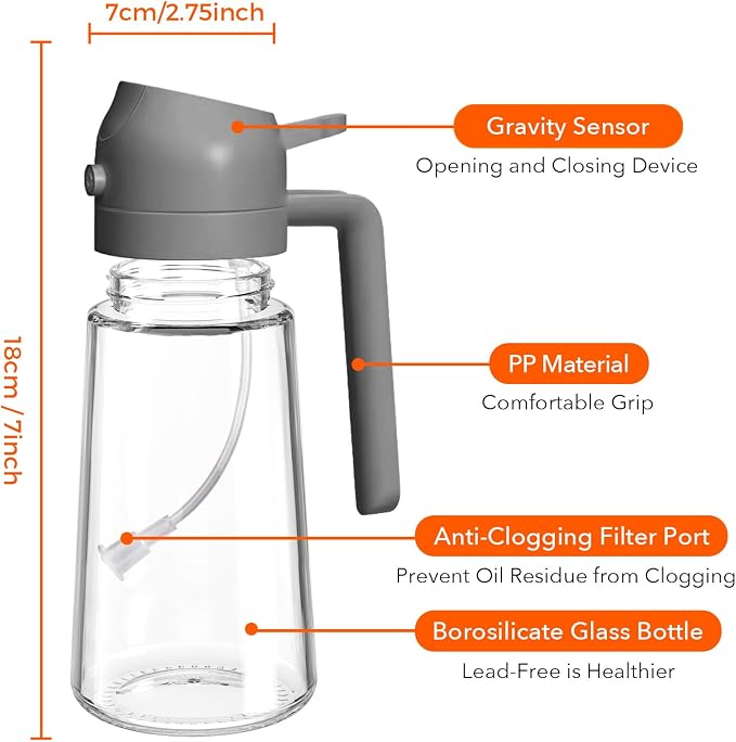 YARRAMATE 16 oz 2-in-1 Glass Olive Oil Sprayer for Cooking, Grey | Food-grade dispenser bottle, 470 ml, spray and pour, portion control, stickers included, for salad, frying and BBQ
