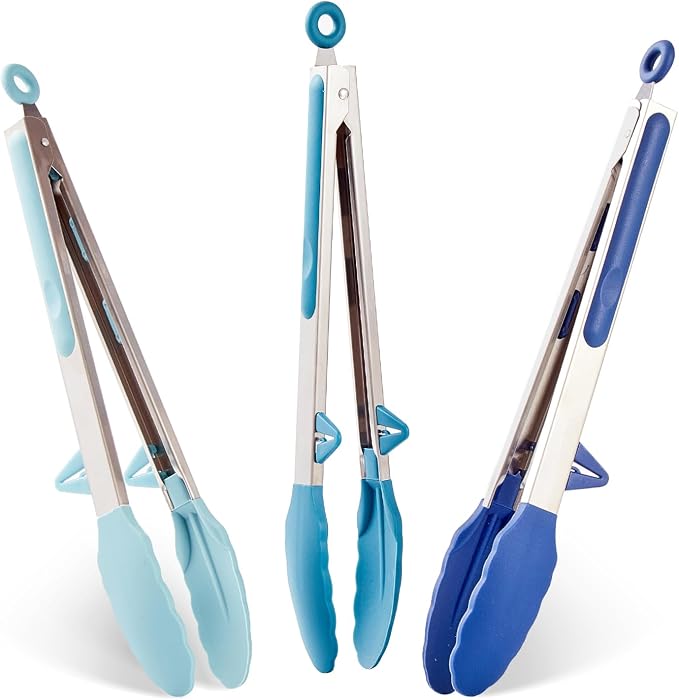 12" Kitchen Tongs, 3Pcs Tongs for Cooking with Silicone Tips, Food Grade Small Silicone Tongs, Mini Serving Tongs for BBQ Salad(Gradient Blue)