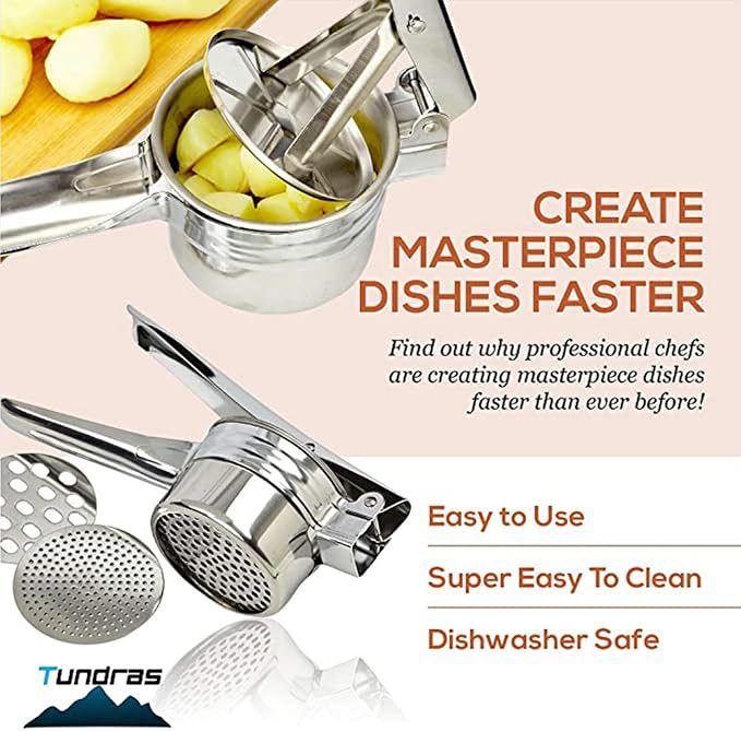 Premium Stainless Steel Potato Ricer Set with 3 Ricing Discs (Fine, Medium, Coarse) - Manual Masher, Baby Food Strainer, and Food Press with Ergonomic Comfort Grip. Dishwasher Safe