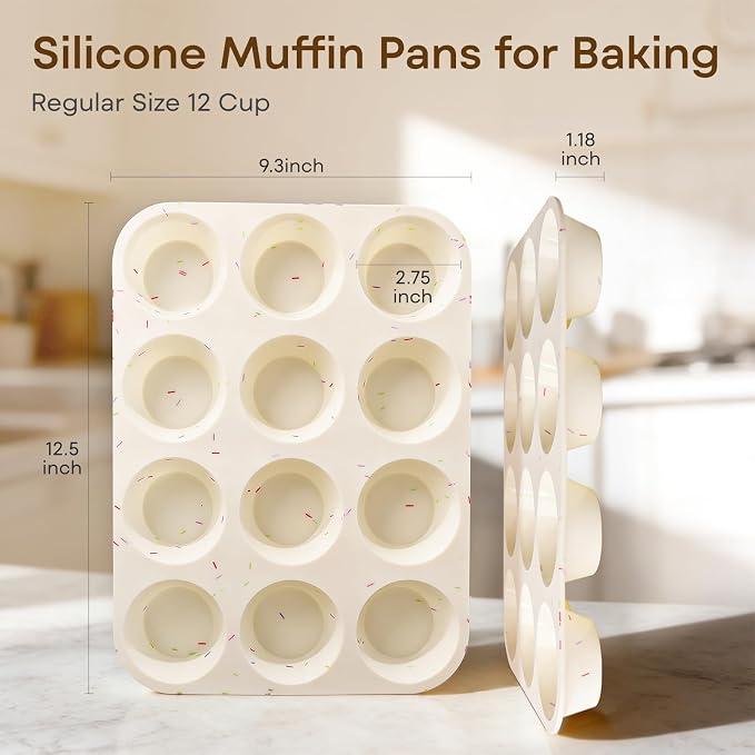 Silicone Muffin Pans for Baking,12 Cup Nonstick Cupcake Pan 2Pcs | Food-Grade Silicone Muffin Tin, Oven Dishwasher Freezer Safe Silicone Molds for Home Baking DIY, Cupcakes, Egg Bites