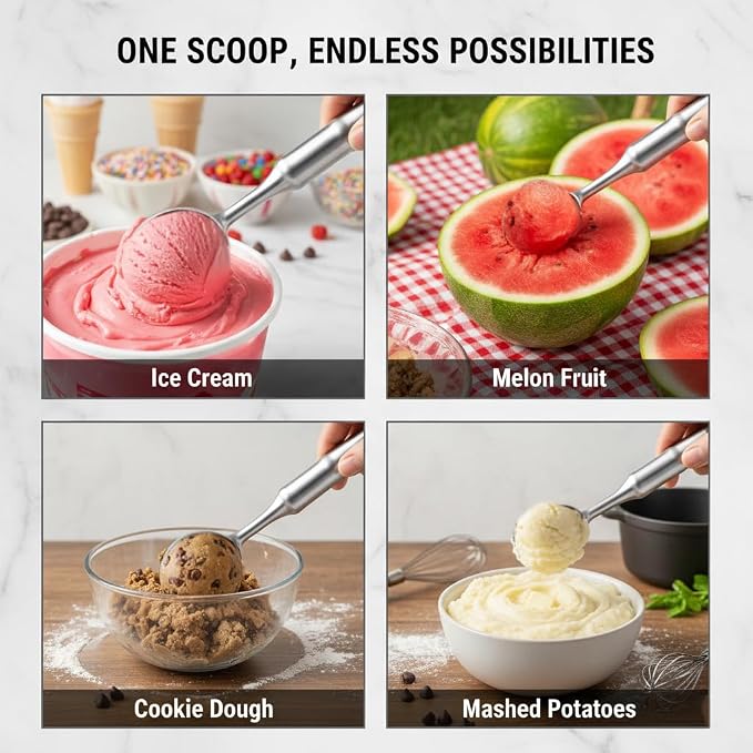 Stainless Steel Ice Cream Scoop, Heavy Duty Ice Cream Scooper with Ergonomic Grip, 100% Dishwasher Safe One-Piece Metal Scoop for Hard Ice Cream, Gelato & Cookie Dough