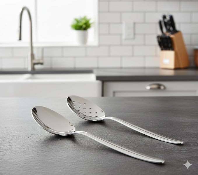 2 Pack 8 inch Kunz Small Regular and Perforated Sauce Spoon Set | 18/10 Stainless Steel Silver Chef Spoon ideal for drizzling sauces, plating desserts, Dishwasher safe