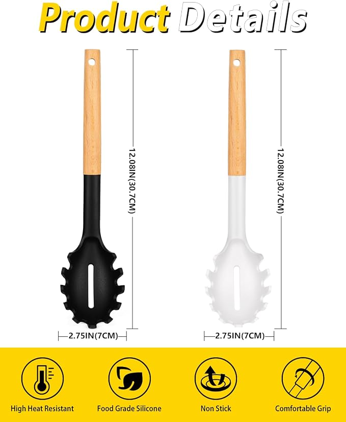Pack of 2 Spaghetti Spoon, Silicone Pasta Fork with Wooden Handle, Heat Resistant Noodle Spoon Server, BPA Free Spaghetti Strainer(BLACK-WHITE)