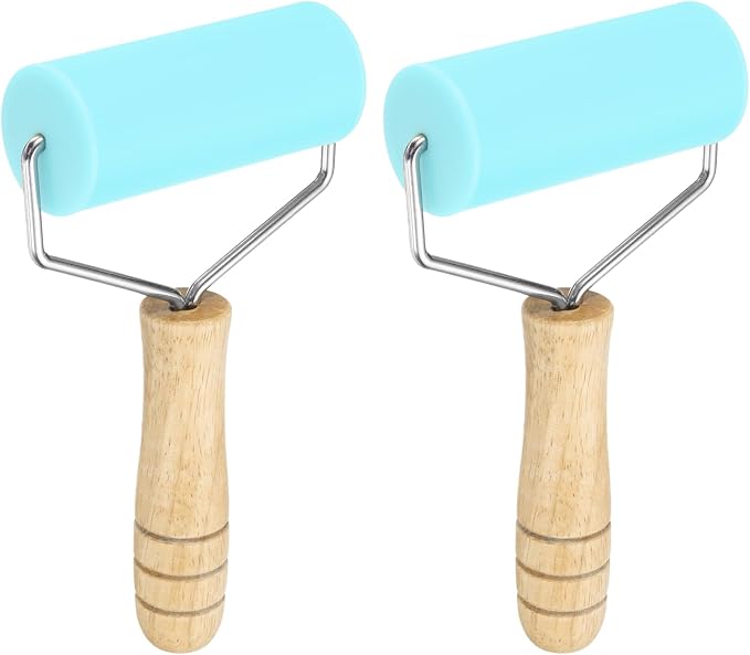 HARFINGTON 2pcs Rolling Pin 7.6" x 1.69" Silicone Roller Wood Handle Non-Stick Fondant Roller Dough Roller Rolling Pins for Baking Cookie Pastry Clay, Blue