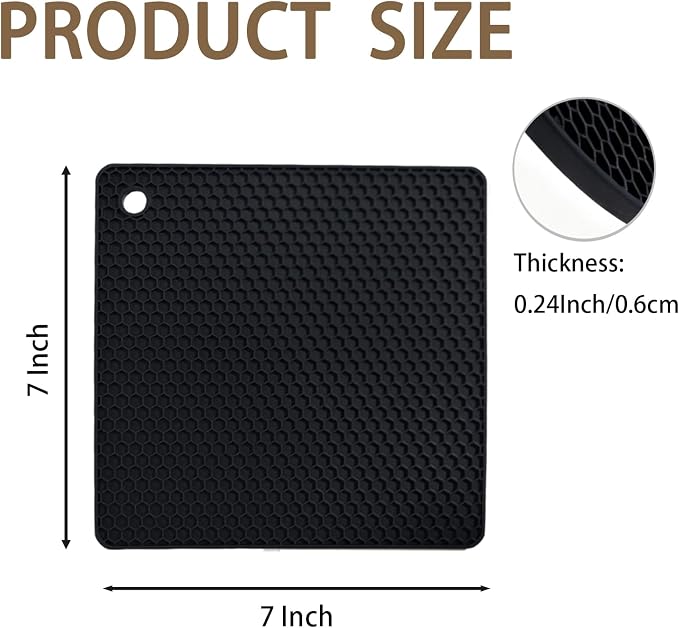 6-Pack Silicone Trivet Mats, Heat Resistant Hot Pads, Dishwasher Safe Kitchen Mats, BPA-Free Pot Holders for Table, Countertop, Stove, Honeycomb Design (Black, 7" Square)