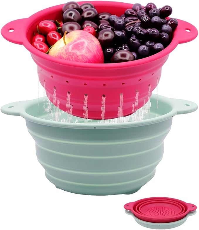 Collapsible Silicone Colander Bowl Set,BPA Free, Heat Resistant, Stainless Steel Nesting, Portable Washing Basket Strainer Drain Basin for Pasta, Vegetable and fruit, Kitchen, Camping, Hiking