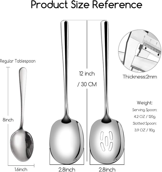 SOLEADER Extra Large Serving Spoons Set, 12 Inch Slotted and Serving, Premium Silverware, for Cooking, Pasta, Mixing, Foodgrade 18/8 Stainless Steel, Pack of 2