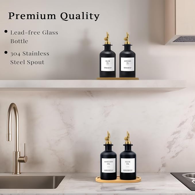 Olive Oil Dispenser Set, 2 x 11.8oz Black Glass Bottles with Auto-Flip Spouts & 2 Capped Spare Spouts, Bamboo Tray, Oil & Vinegar Cruet (Black)