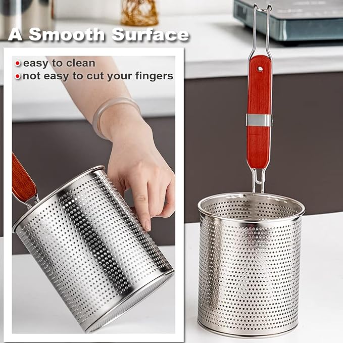 Tenta Kitchen Micro-Perforated Stainless Steel Pasta Basket Mesh Spider Food Dumpling Noodle Strainer,Fine Mesh Skimmer Kitchen Fine Sieve Mesh Strainer with Wooden Handle (Strainer, 12cm)