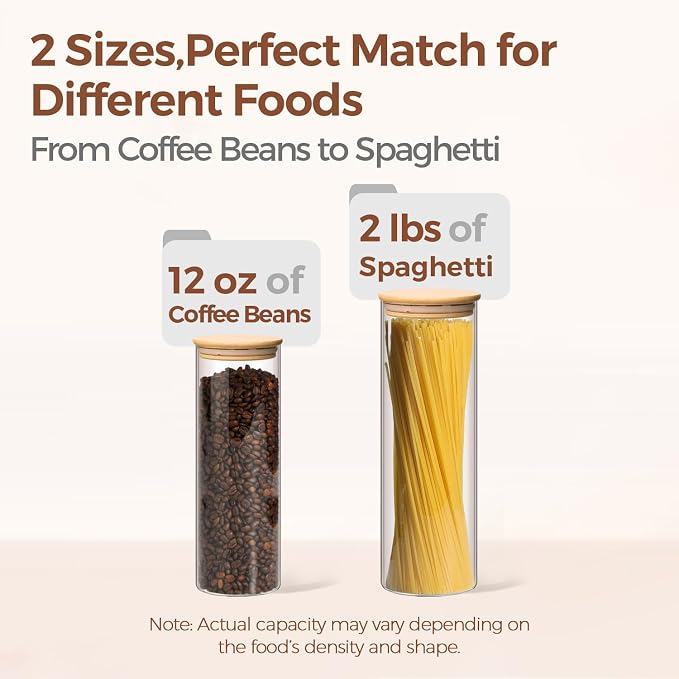 ComSaf Pasta Containers Storage 2 Qt/1.1Qt, 6 Pack Tall Glass Spaghetti Jar | Glass Storage Containers wtih Lids, Kitchen Canisters,Pantry Pasta Holder, Noodles, Cereal, Oats, Dry Food Storage, BPA Free