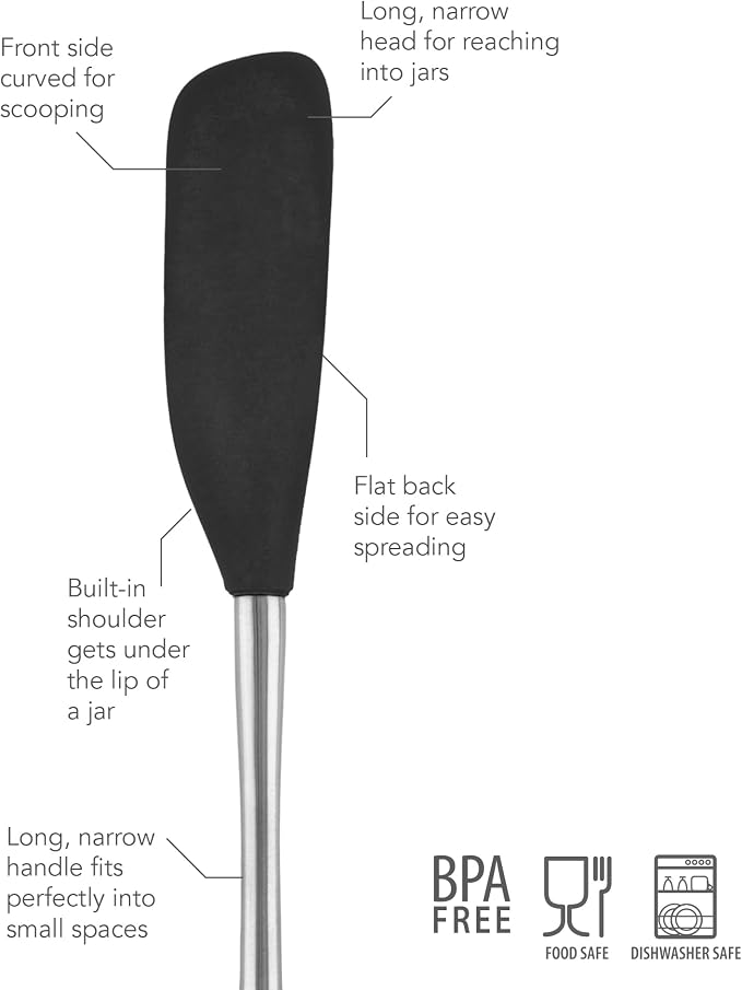 Tovolo Jar Spatula Silicone Long Stainless Steel Handle Scraper Spatula Black, Jar Scraper Heat Resistant Dishwasher Safe BPA Free Kitchen Utensil for Scraping Spreading Jelly Peanut Butter