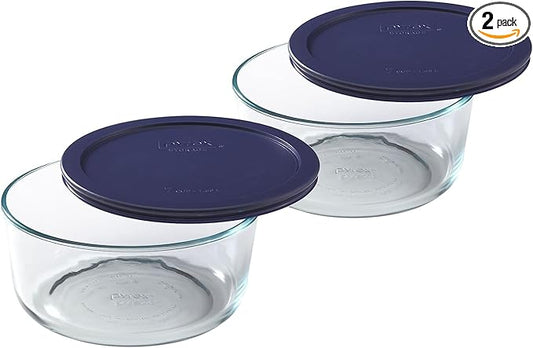 Pyrex 7203 7-Cup Glass Bowls and 7402-PC Blue Lids (2-Pack) - Made in USA | BPA-Free Plastic | Secure Seal | Non-Porous Material | Stackable Design | Refrigerator Safe