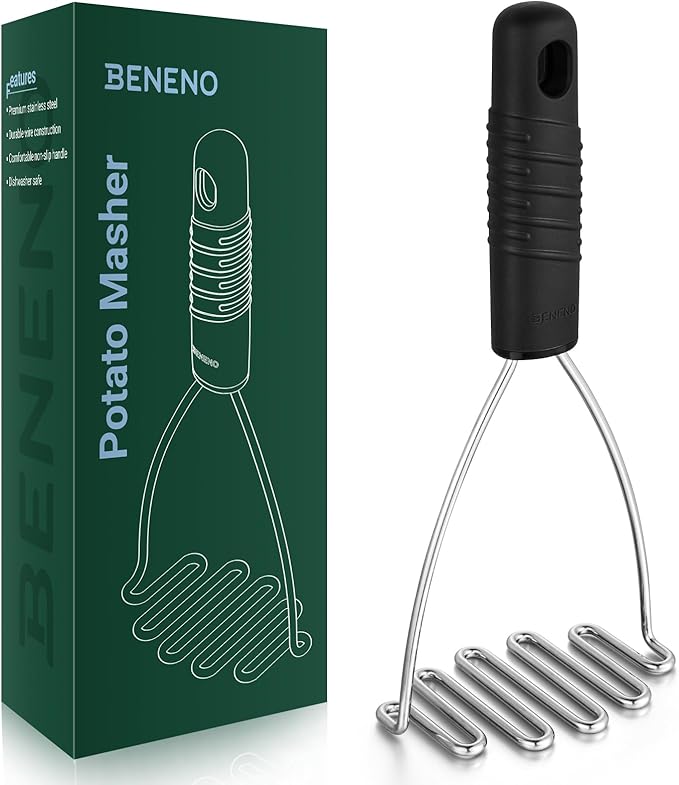 Beneno Thickened Reinforced Stainless Steel Wire Potato Masher, Ergonomic Non-Slip Grip Handle for Effortless Mashing, Rust-Proof & Dishwasher Safe Sturdy Kitchen Tool, Ideal Gift, Black