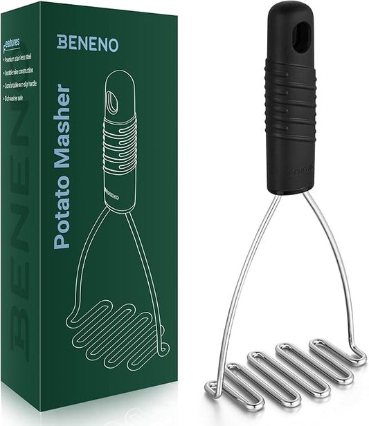 Beneno Thickened Reinforced Stainless Steel Wire Potato Masher, Ergonomic Non-Slip Grip Handle for Effortless Mashing, Rust-Proof & Dishwasher Safe Sturdy Kitchen Tool, Ideal Gift, Black