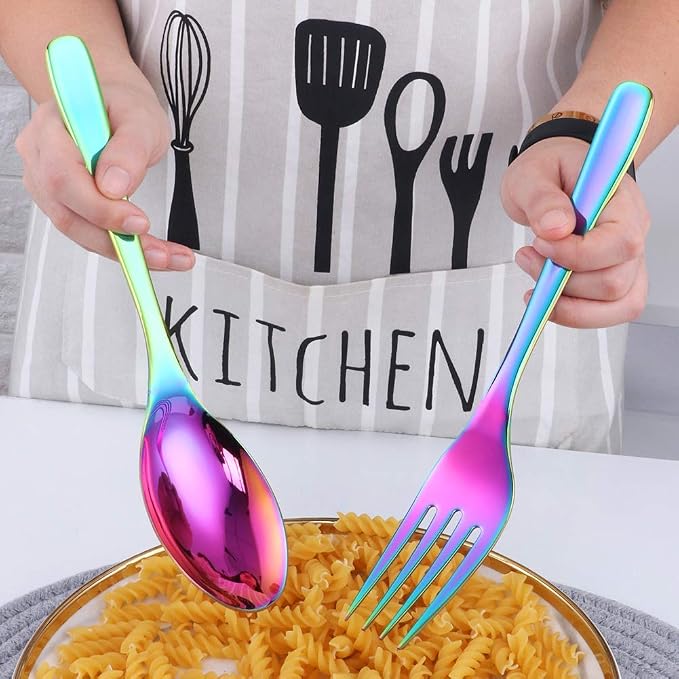 Long Handle Serving Set, 10 inch Stainless Steel Polished Serving Spoon, Fork, Slotted Spoons, Set of 3 (Rainbow)