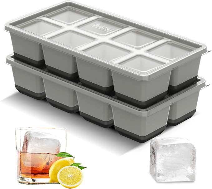VEHHE Ice Trays for Freezer with Lid, Reusable BPA Free Silicone Ice Cube Tray, Stackable Ice Cube Mold （Black-gray）