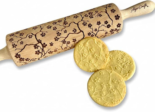 SAKURA TREE Embossing Rolling Pin with Blooming Sakura Flowers Pattern. Dough and Clay Roller for Embossed Cookies Fondant Pottery. Cookie and Ceramic Stamp. Backing Gifts for Women by Algis Crafts
